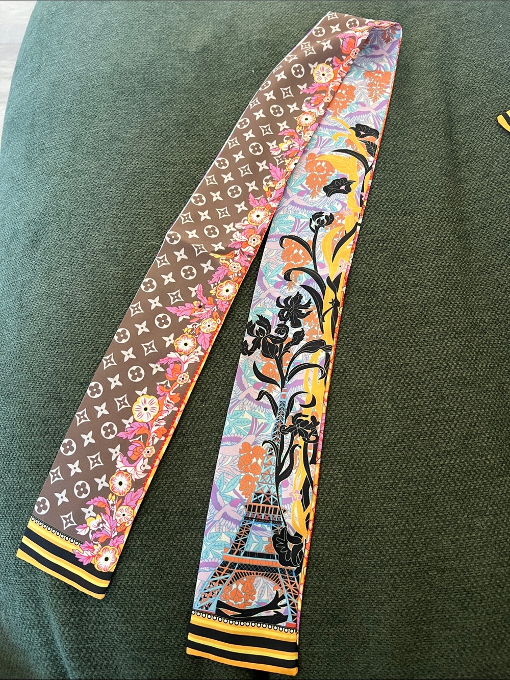 Designer-Inspired Floral & Eiffel Tower Silk Scarf Band - Brown & Multi
